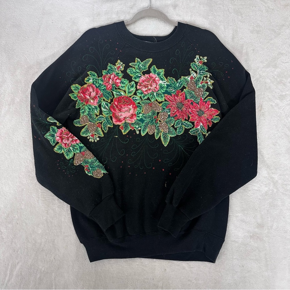 CUTE Ugly Christmas Sweater Lee Black Sweater with Floral Embroidery women’s XL